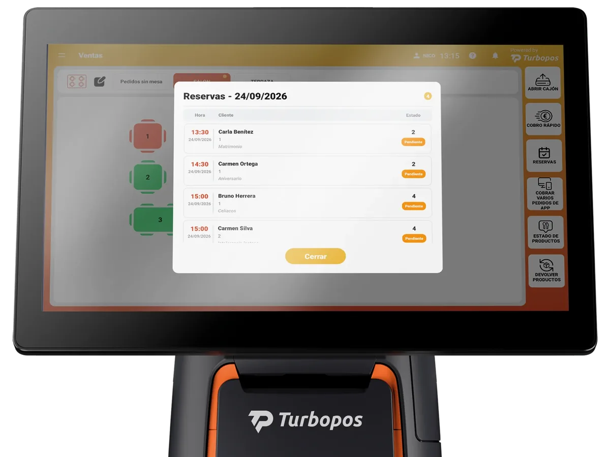 El TPV Turbopos con la ventana de reservas del día abierta: hora, cliente, comensales y observaciones de cada reserva, todas pendientes.